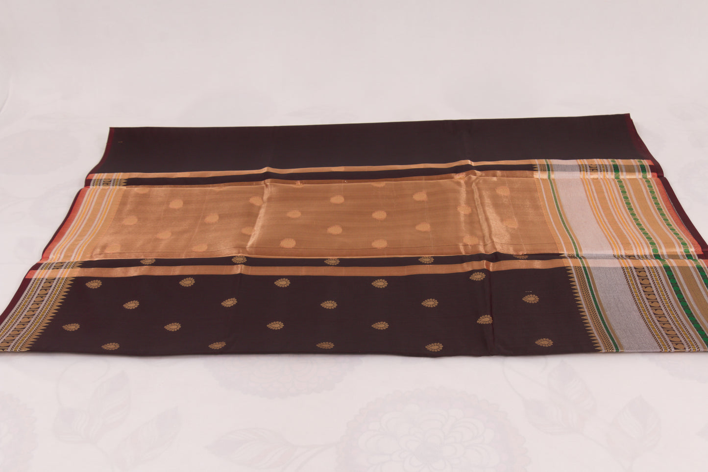 Traditional Banarasi Semi Katan soft saree with shimmering gold zari buti pattern and coordinated blouse fabric