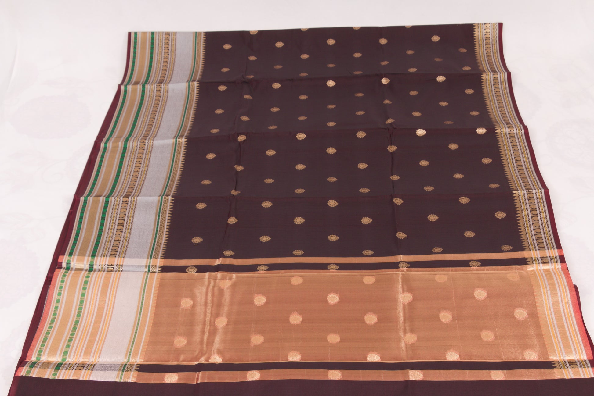 Authentic Banarasi Semi Katan silk blend saree featuring gold zari woven butis and an elegant check pallu design
