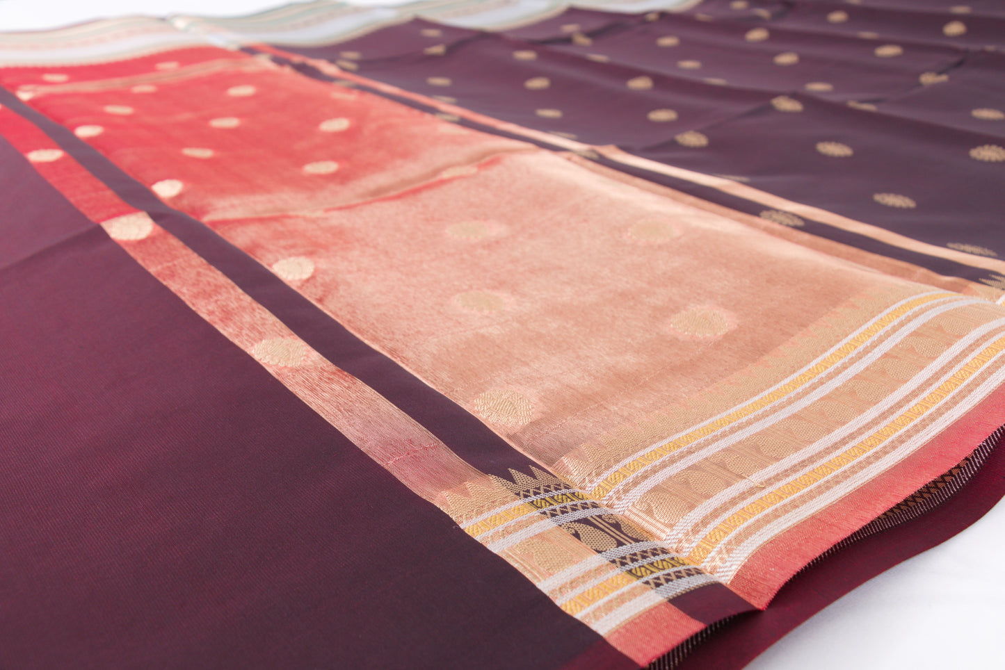 Woody Brown Banarasi Semi Katan saree with delicate gold zari butis, stylish check pallu, and matching blouse material