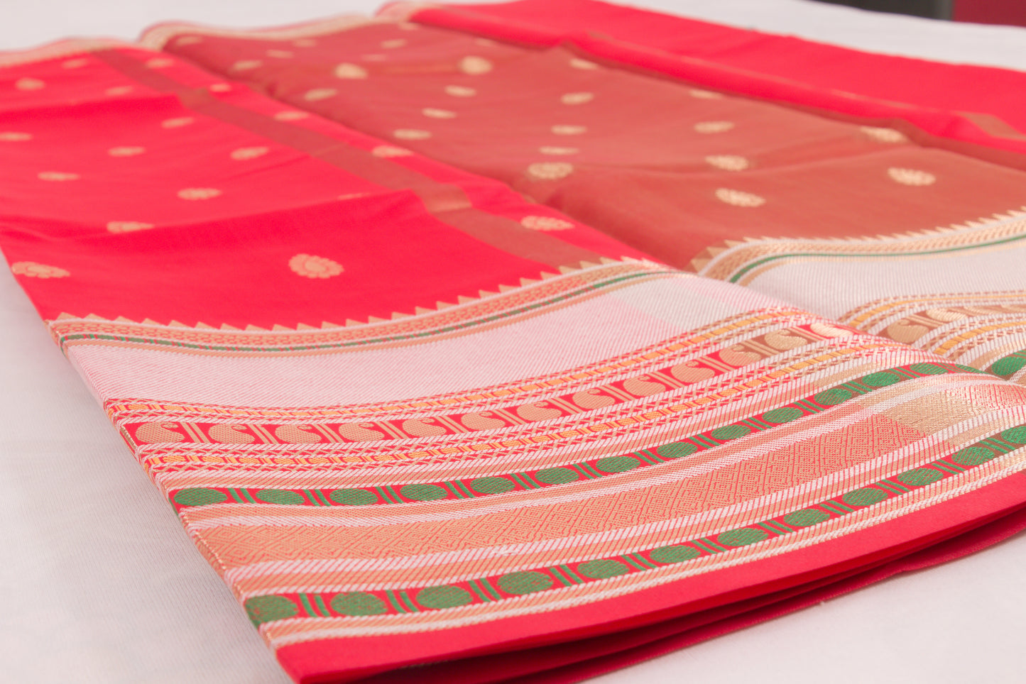 Banarasi Semi Katan Soft Sarees – Cool Red – Katan Silk Sarees – Zari work -Bhutta Design - Perfect for all occasions – P000401