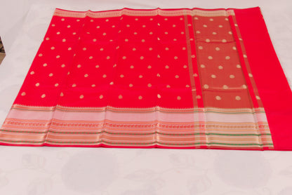 Banarasi Semi Katan Soft Sarees – Cool Red – Katan Silk Sarees – Zari work -Bhutta Design - Perfect for all occasions – P000401