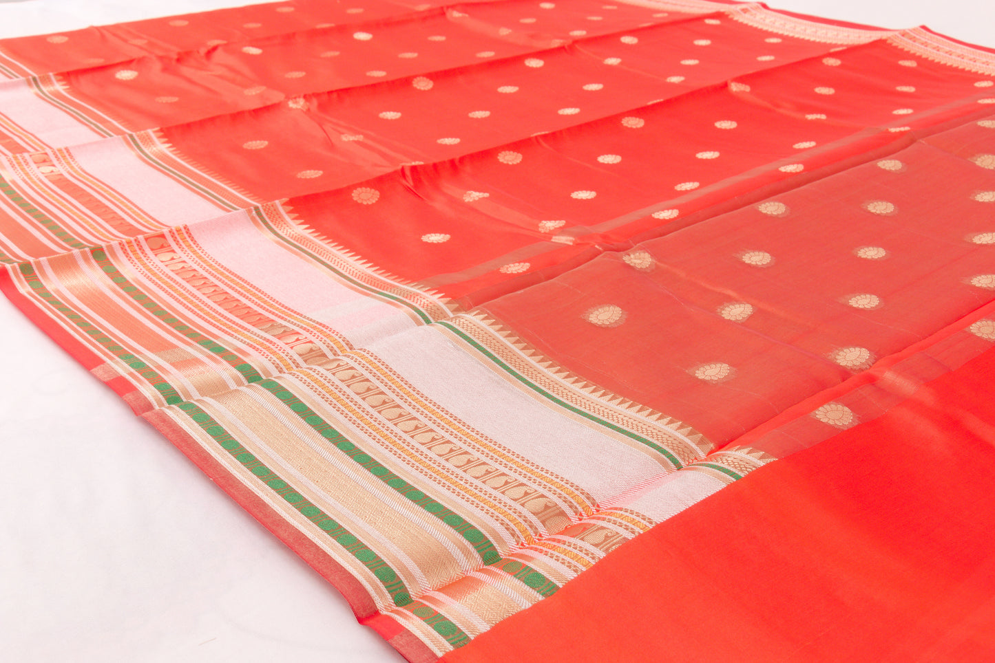 Banarasi Semi Katan Soft Sarees – Red Orange – Katan Silk Sarees – Zari work -Bhutta Design - Perfect for all occasions – P000404