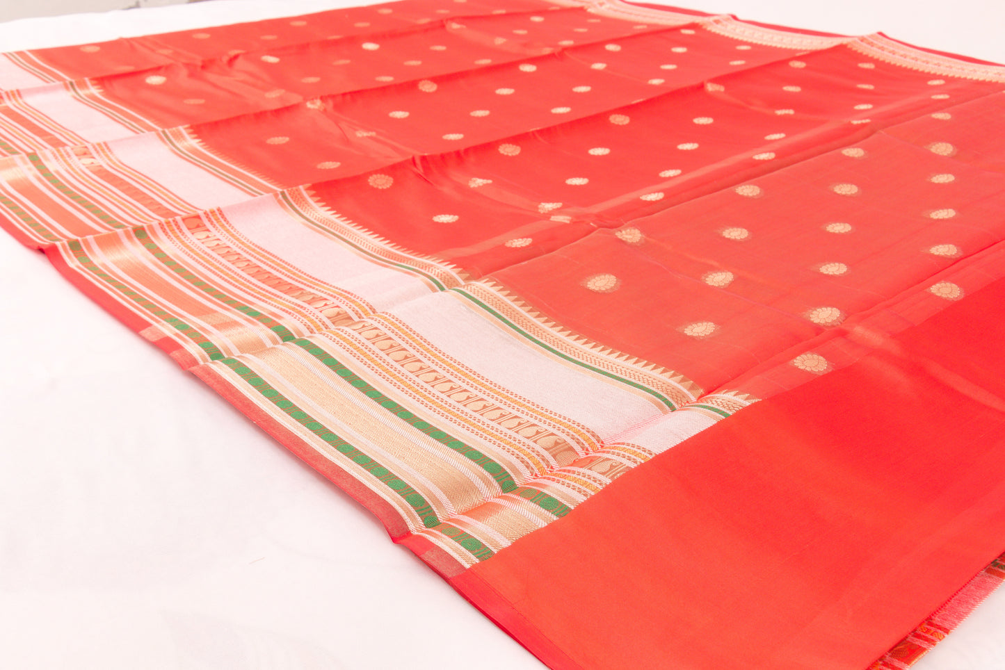 Banarasi Semi Katan Soft Sarees – Red Orange – Katan Silk Sarees – Zari work -Bhutta Design - Perfect for all occasions – P000404