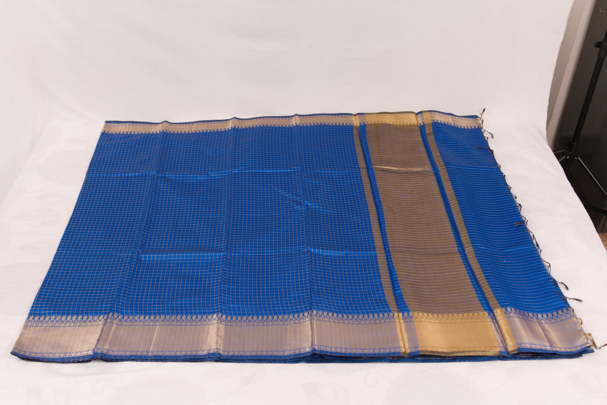 Handwoven Banarasi Semi Katan saree with gold zari floral checkered motifs, check pallu, and luxurious soft drape