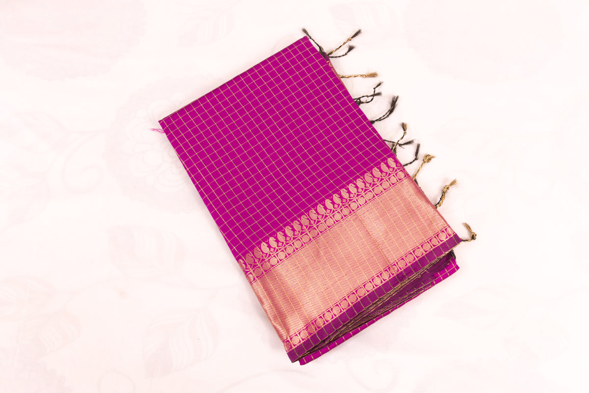 Banarasi Semi Katan Soft Sarees – Red Violet – Katan Silk Sarees – Gold zari weaving all over New Check pettern designs - P000410