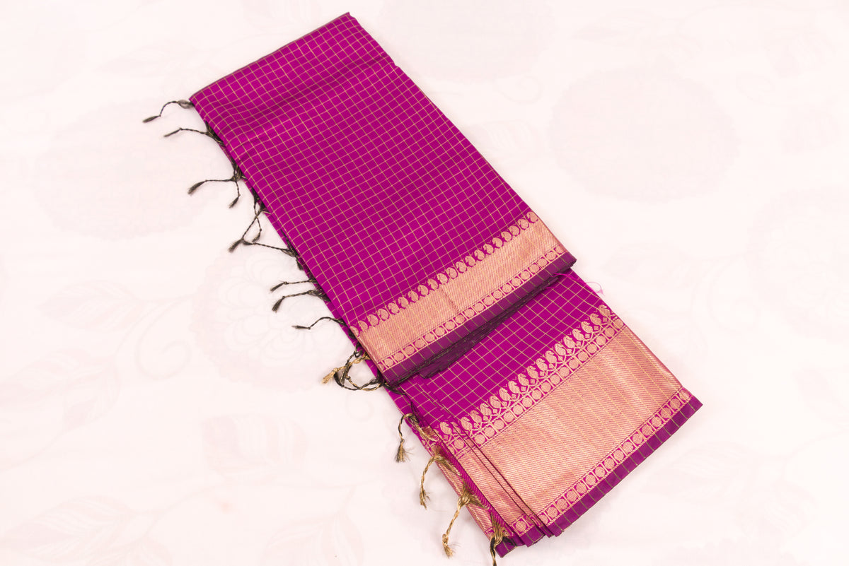 Banarasi Semi Katan Soft Sarees – Red Violet – Katan Silk Sarees – Gold zari weaving all over New Check pettern designs - P000410
