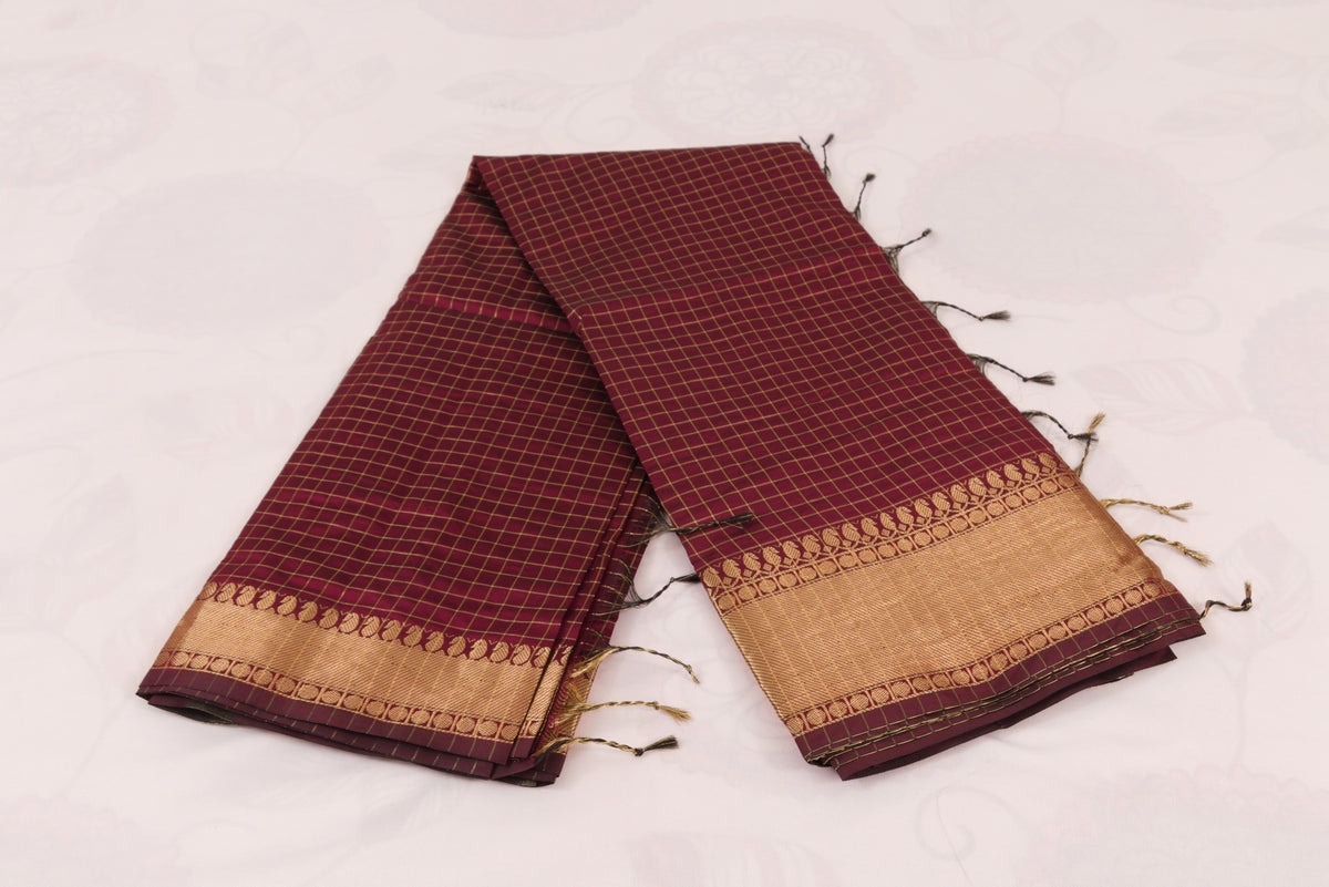 Premium Banarasi Semi Katan Soft Silk Saree featuring all-over gold zari buti weaving and a beautifully woven check pallu