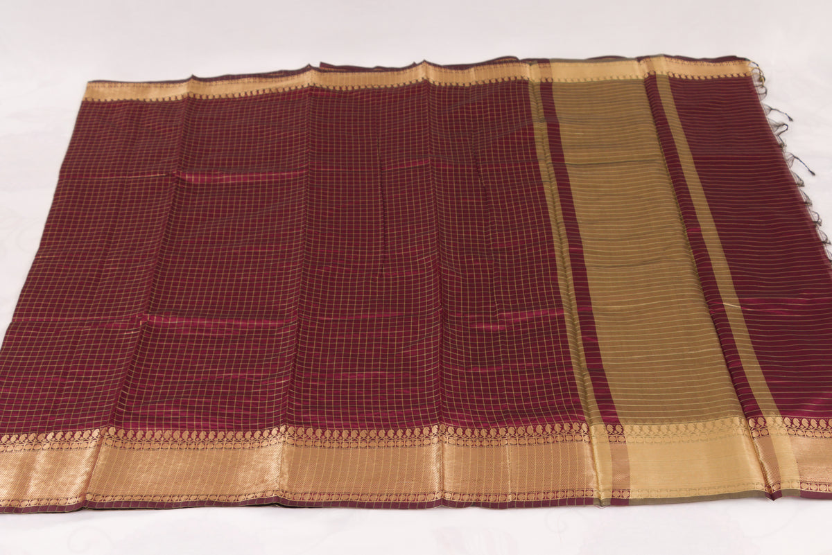Handwoven Banarasi Semi Katan saree with gold zari floral checkered motifs, check pallu, and luxurious soft drape