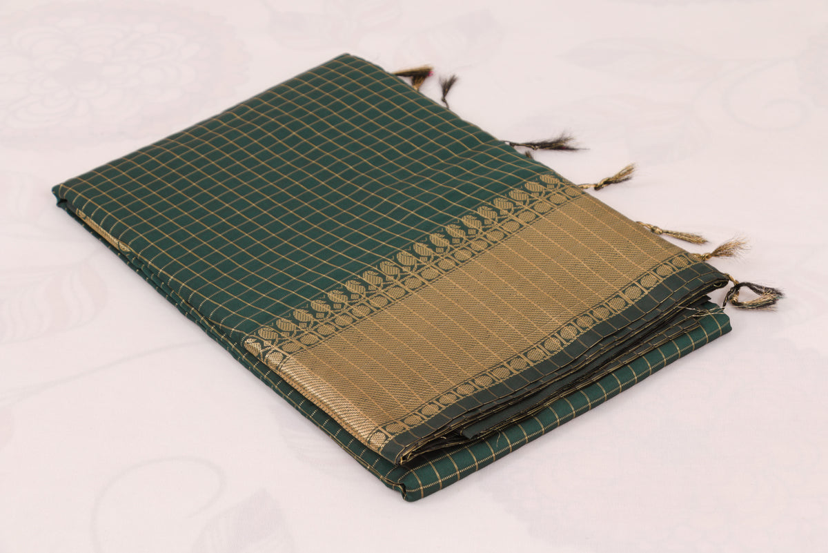 Premium Banarasi Semi Katan Soft Silk Saree featuring all-over gold zari buti weaving and a beautifully woven check pallu