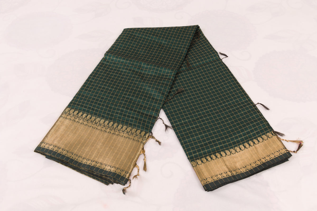 Handwoven Banarasi Semi Katan saree with gold zari floral checkered motifs, check pallu, and luxurious soft drape