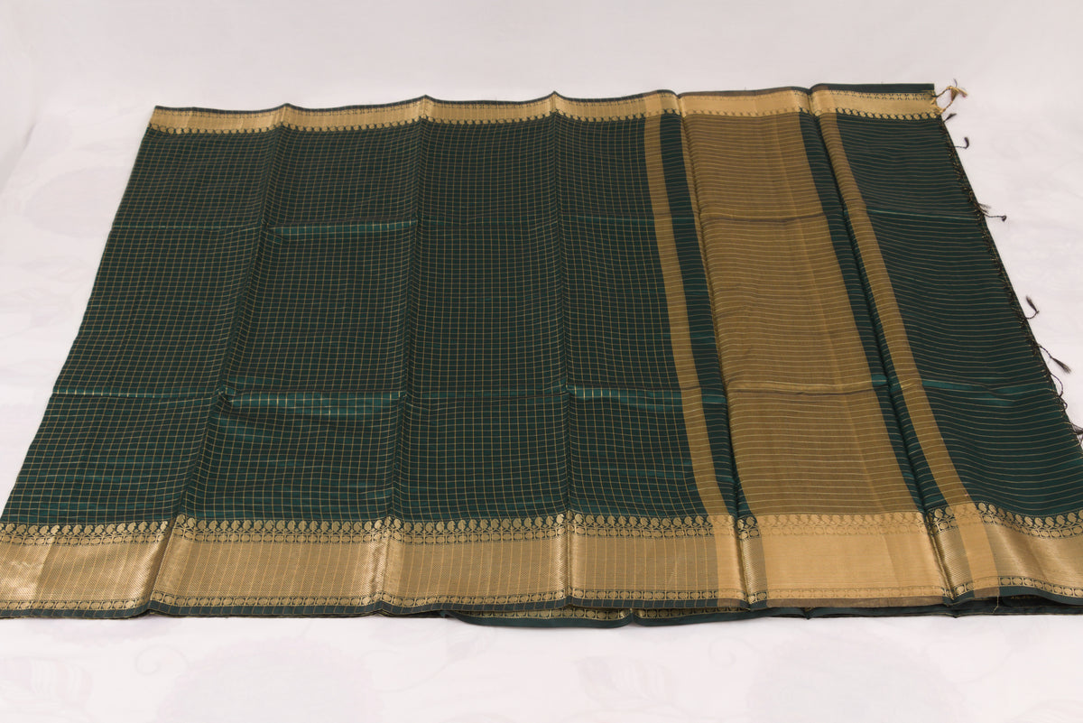 Authentic Banarasi Semi Katan silk blend saree featuring gold zari woven butis and an elegant check pallu design