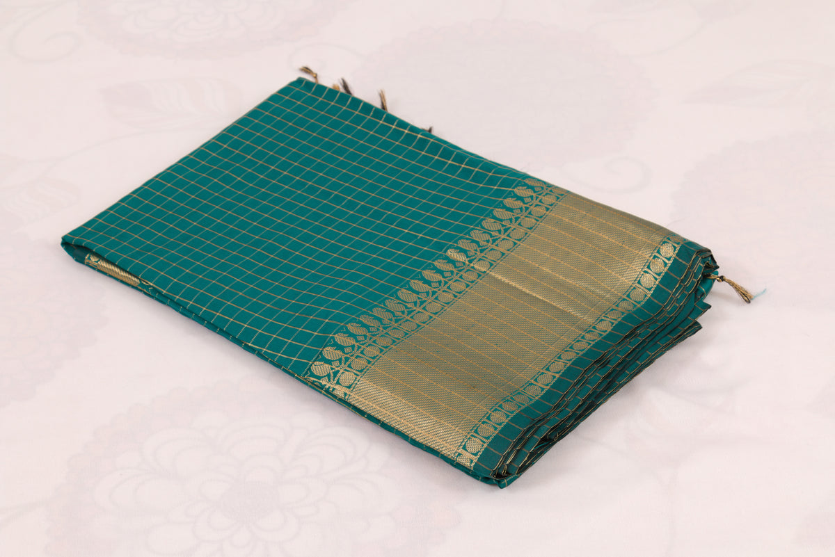 Banarasi Semi Katan Soft Sarees – Dark Aqua – Katan Silk Sarees – Gold zari weaving all over New Check pettern designs - P000411