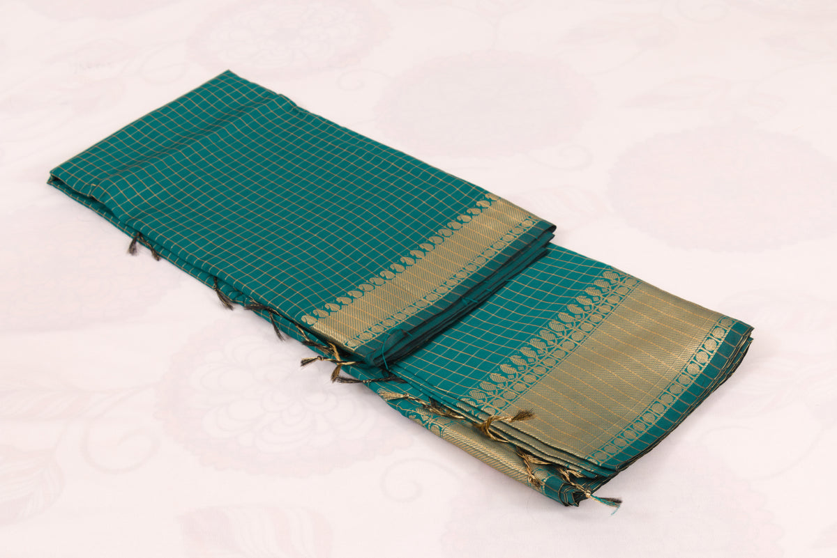 Banarasi Semi Katan Soft Sarees – Dark Aqua – Katan Silk Sarees – Gold zari weaving all over New Check pettern designs - P000411