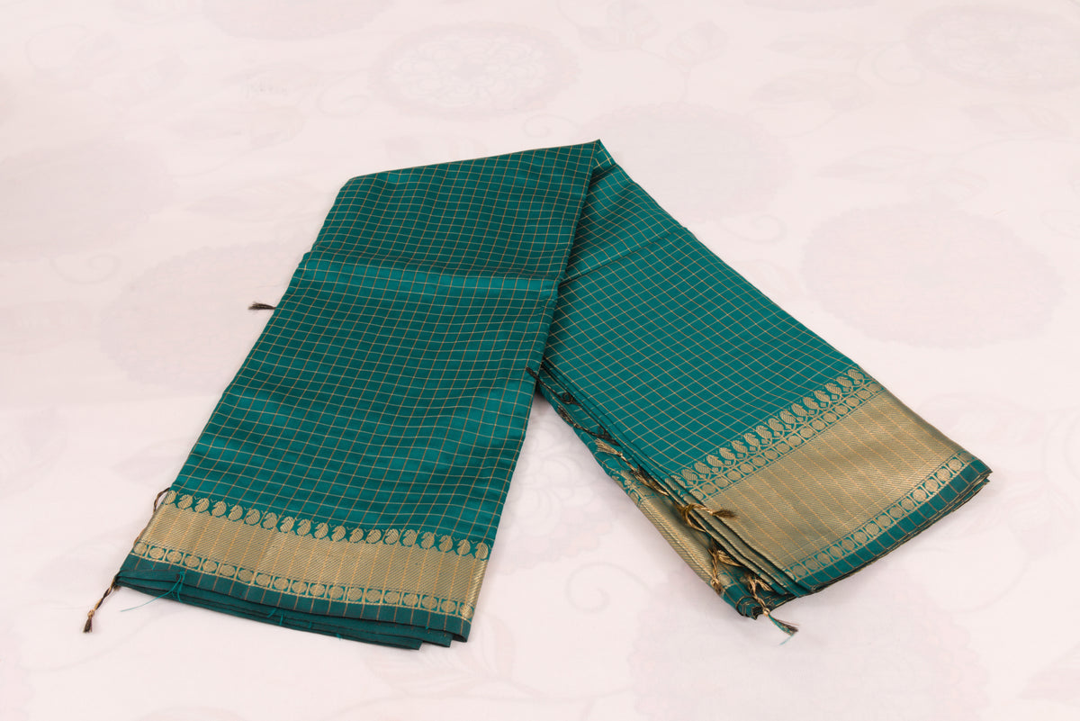 Banarasi Semi Katan Soft Sarees – Dark Aqua – Katan Silk Sarees – Gold zari weaving all over New Check pettern designs - P000411