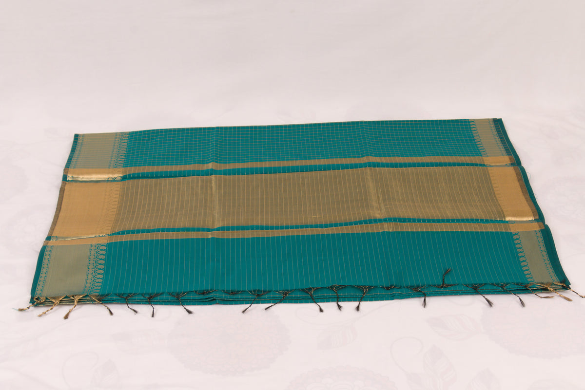 Banarasi Semi Katan Soft Sarees – Dark Aqua – Katan Silk Sarees – Gold zari weaving all over New Check pettern designs - P000411