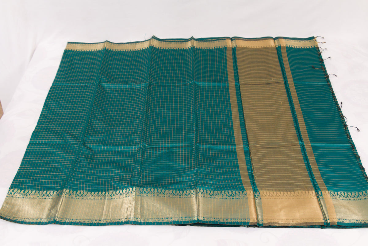 Banarasi Semi Katan Soft Sarees – Dark Aqua – Katan Silk Sarees – Gold zari weaving all over New Check pettern designs - P000411