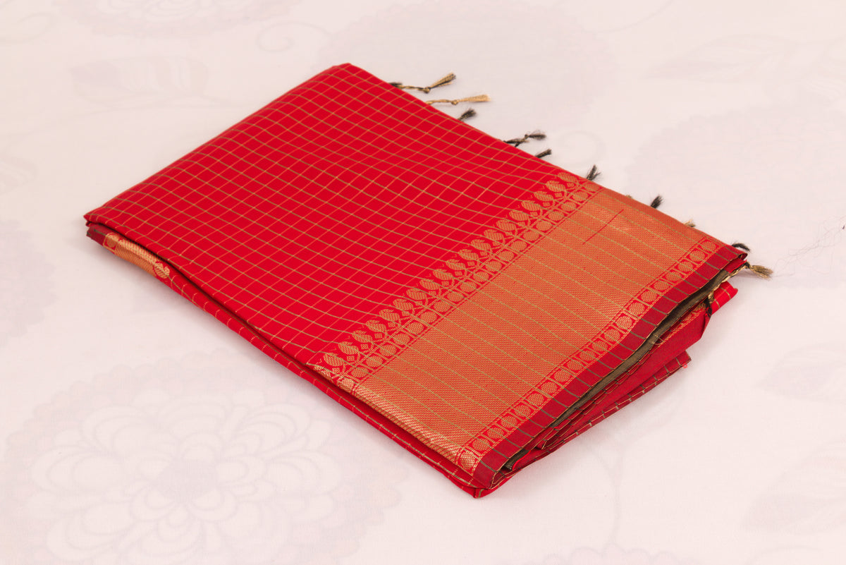 Banarasi Semi Katan Soft Sarees – Cadmium Red – Katan Silk Sarees – Gold zari weaving all over New Check pettern designs - P000412