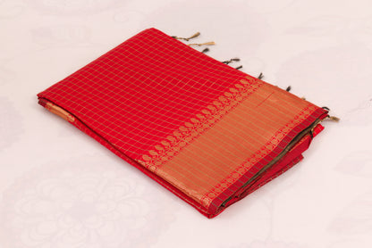 Banarasi Semi Katan Soft Sarees – Cadmium Red – Katan Silk Sarees – Gold zari weaving all over New Check pettern designs - P000412