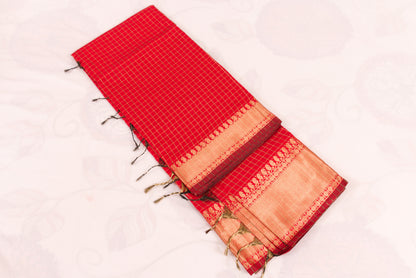 Banarasi Semi Katan Soft Sarees – Cadmium Red – Katan Silk Sarees – Gold zari weaving all over New Check pettern designs - P000412