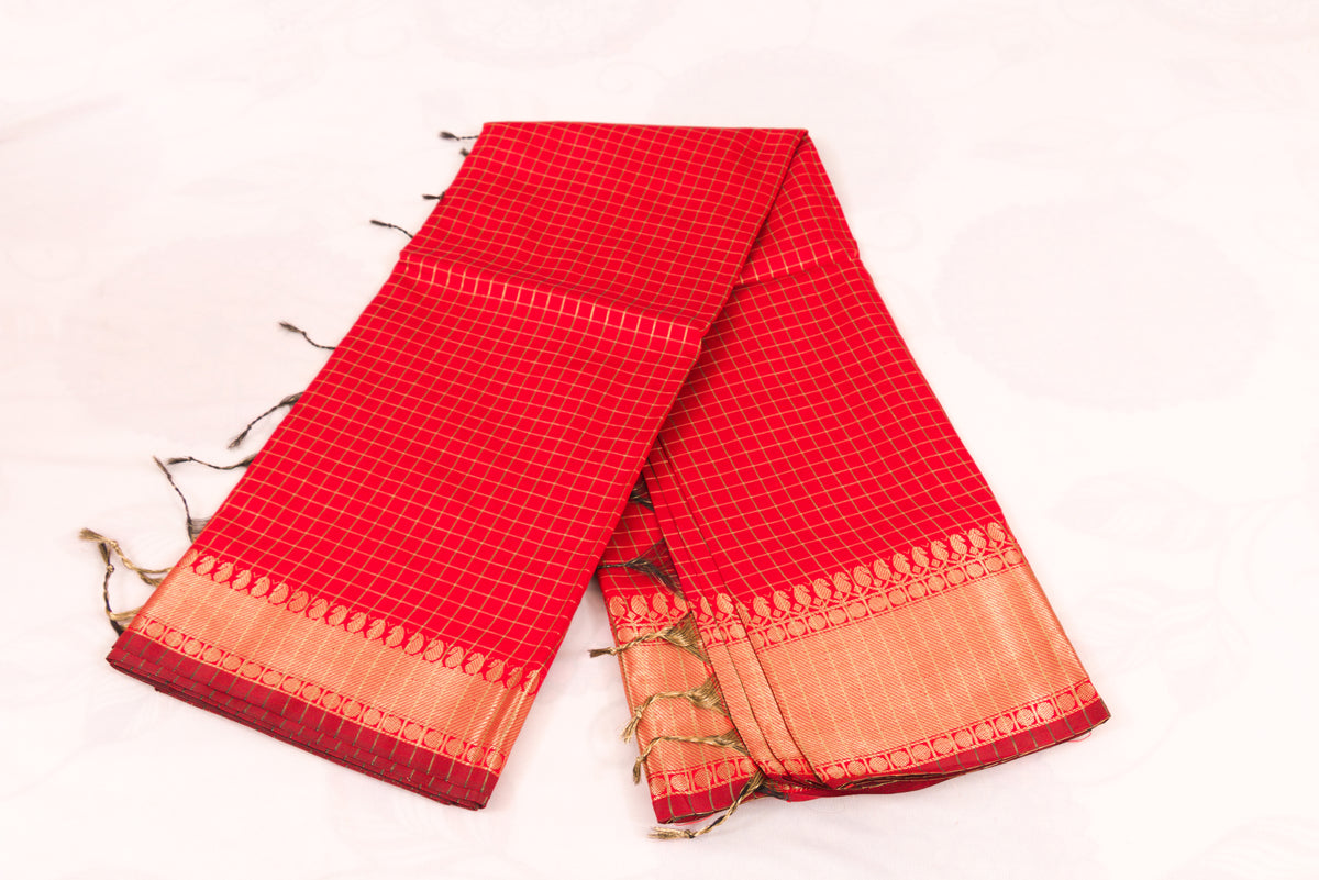 Banarasi Semi Katan Soft Sarees – Cadmium Red – Katan Silk Sarees – Gold zari weaving all over New Check pettern designs - P000412