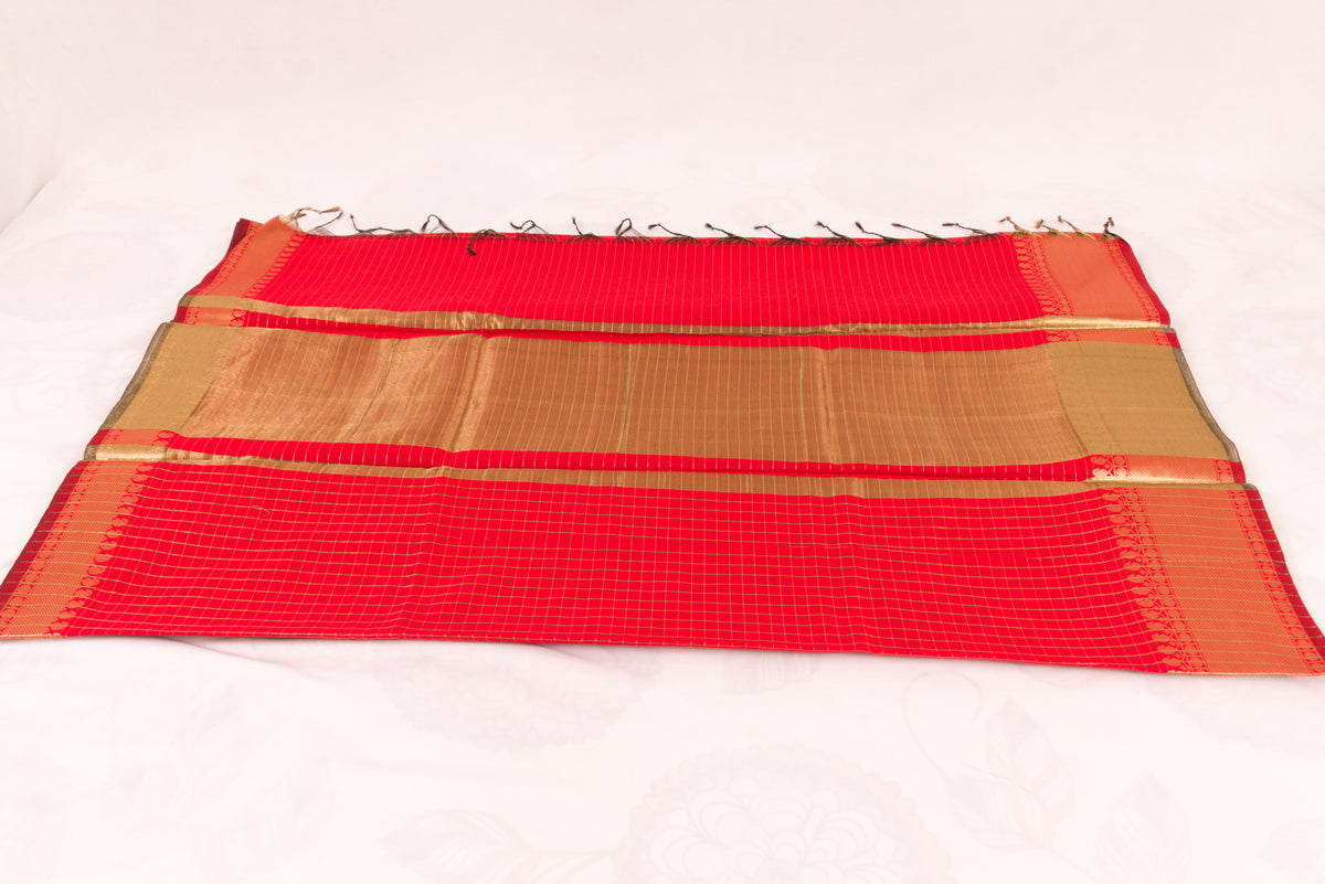 Banarasi Semi Katan Soft Sarees – Cadmium Red – Katan Silk Sarees – Gold zari weaving all over New Check pettern designs - P000412