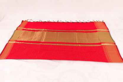 Banarasi Semi Katan Soft Sarees – Cadmium Red – Katan Silk Sarees – Gold zari weaving all over New Check pettern designs - P000412