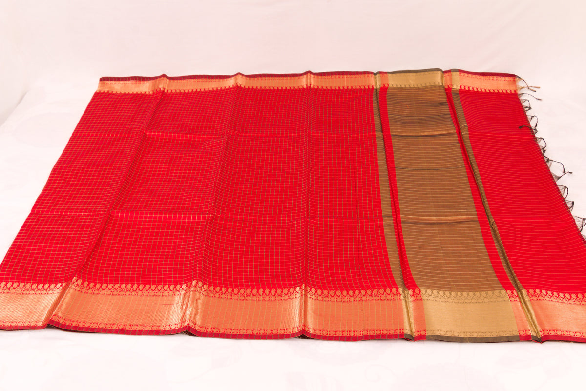 Banarasi Semi Katan Soft Sarees – Cadmium Red – Katan Silk Sarees – Gold zari weaving all over New Check pettern designs - P000412