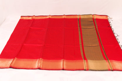 Banarasi Semi Katan Soft Sarees – Cadmium Red – Katan Silk Sarees – Gold zari weaving all over New Check pettern designs - P000412