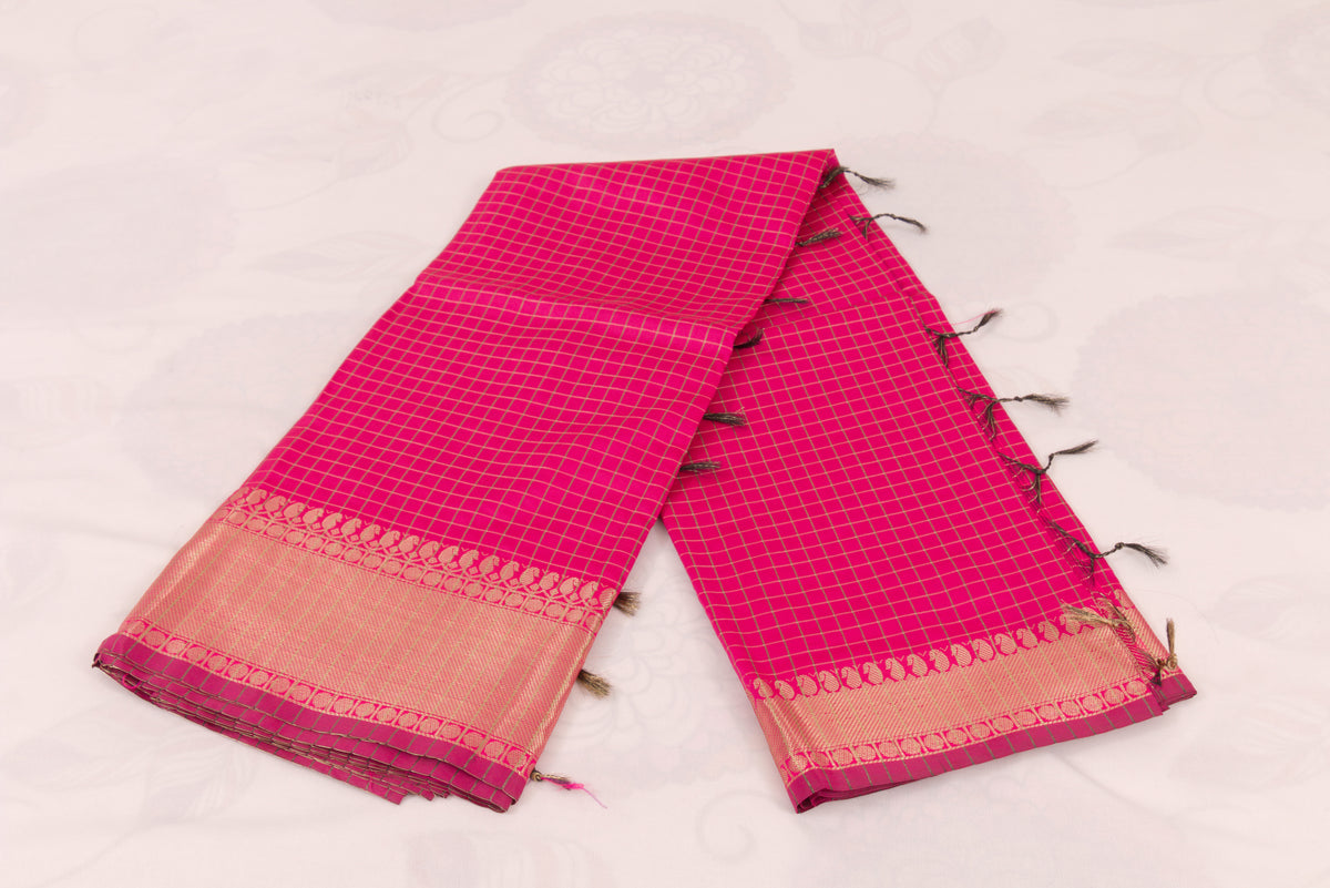 Handwoven Banarasi Semi Katan saree with gold zari floral checkered motifs, check pallu, and luxurious soft drape