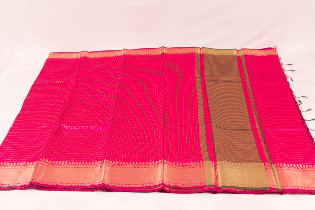 Authentic Banarasi Semi Katan silk blend saree featuring gold zari woven butis and an elegant check pallu design