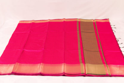 Authentic Banarasi Semi Katan silk blend saree featuring gold zari woven butis and an elegant check pallu design
