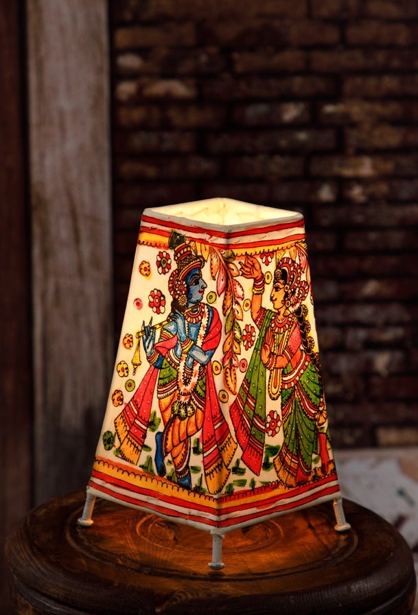 Nimmalkunta Tholu Bommalu –Locally crafted Lamp Shades- Height 8 inches square –Radha Krishna artwork–  For Home Décor / Pooja rooms -  P00086