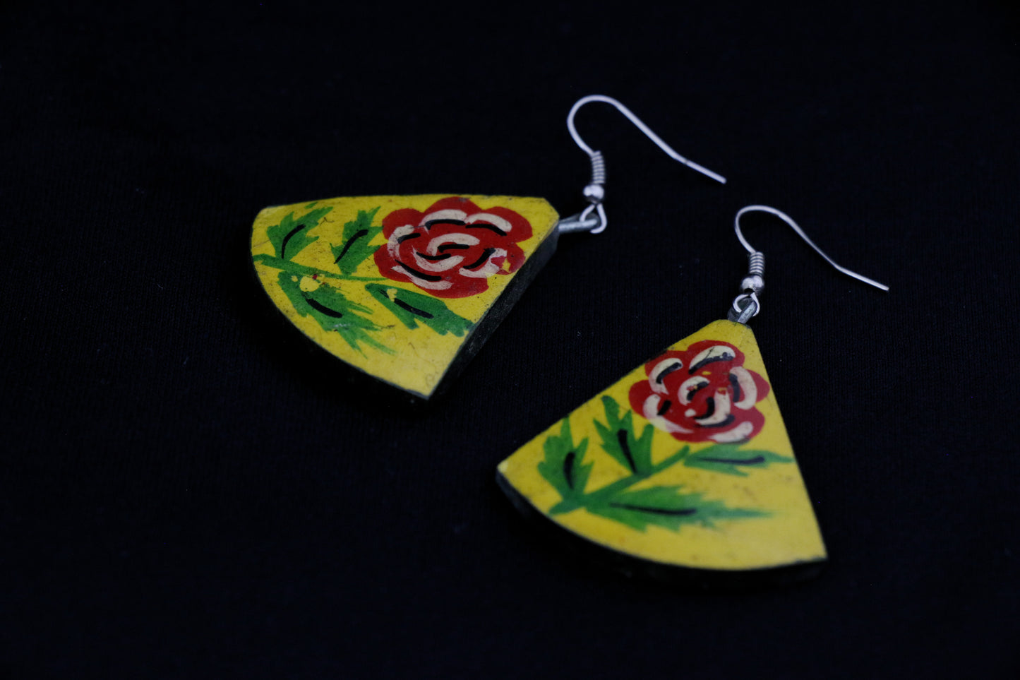 Channapatna wood craft –Locally crafted – Wooden Earrings – Reef gold colored with floral drawing - For Kids / Adults -  P000156