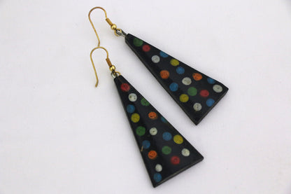 Channapatna wood craft –Locally crafted – Wooden Earrings - For Kids / Adults -  Black color with dotted polka patterns - P000159