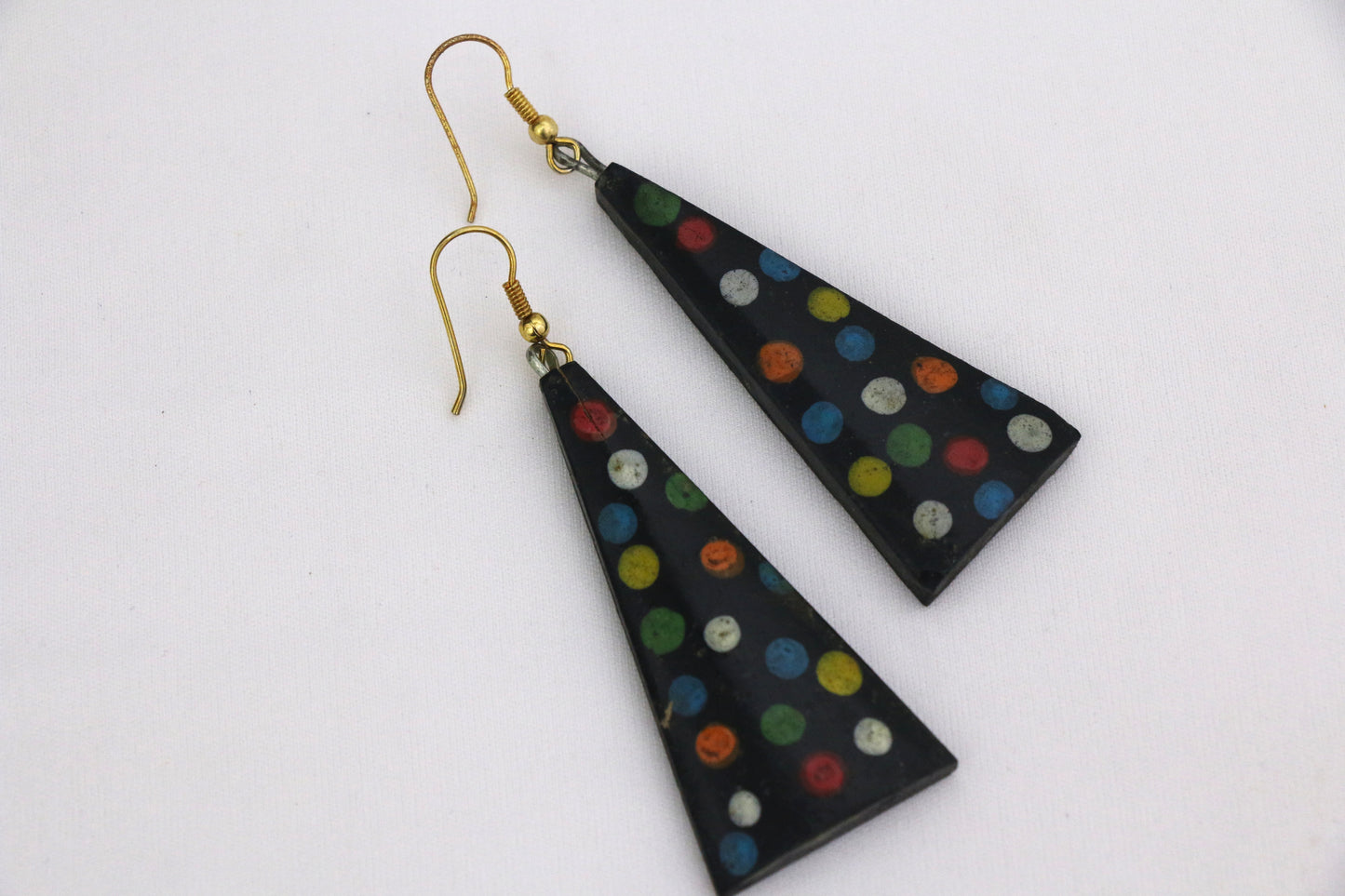 Channapatna wood craft –Locally crafted – Wooden Earrings - For Kids / Adults -  Black color with dotted polka patterns - P000159