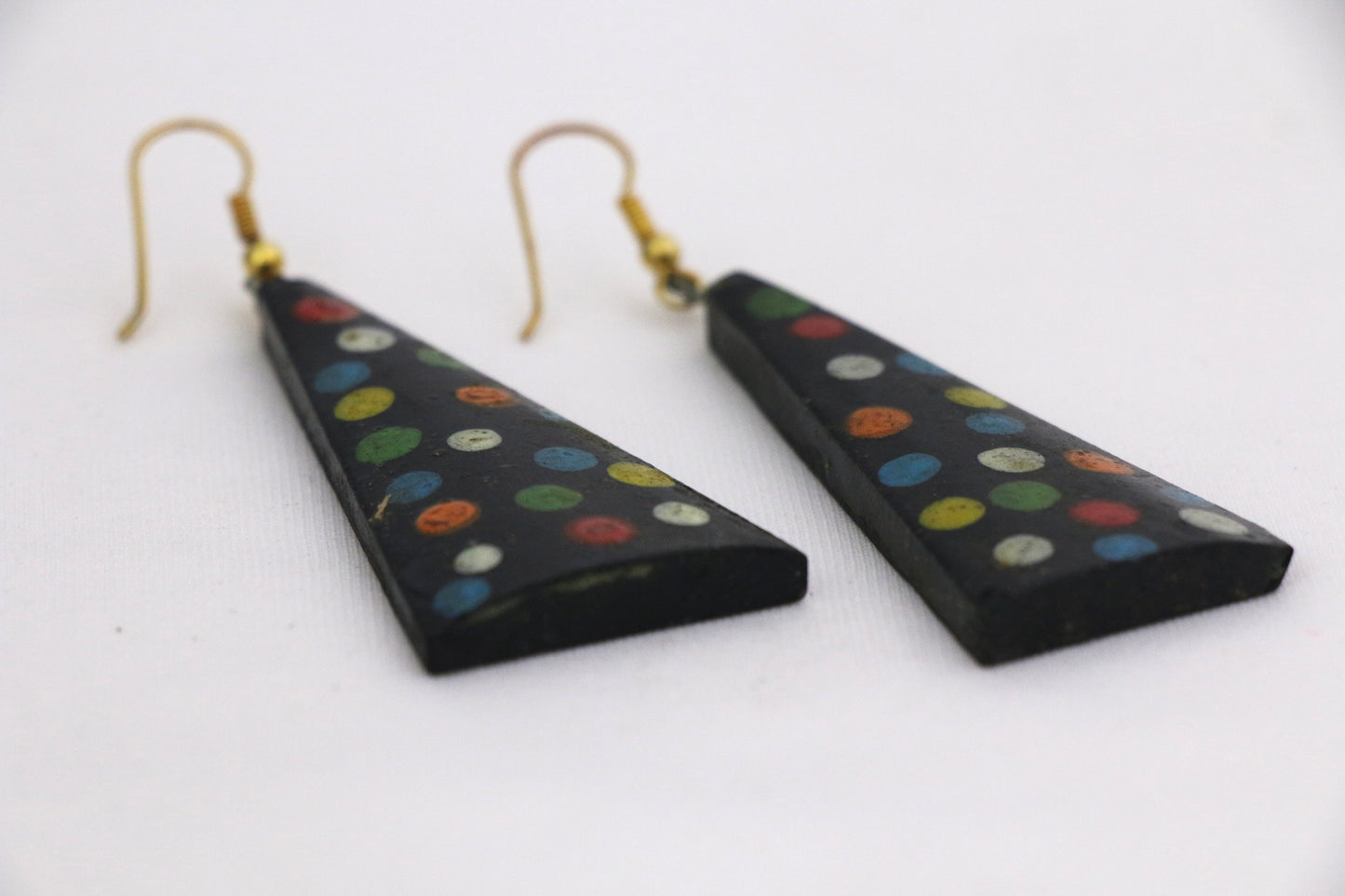 Channapatna wood craft –Locally crafted – Wooden Earrings - For Kids / Adults -  Black color with dotted polka patterns - P000159