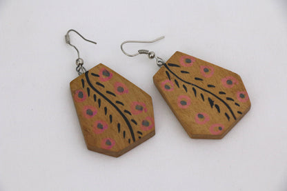 Channapatna wood craft –Locally crafted – Wooden Earrings – Natural wood color with tribal pattern -  For Kids / Adults -  P000160