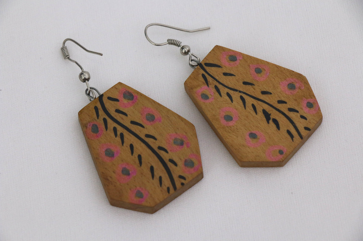 Channapatna wood craft –Locally crafted – Wooden Earrings – Natural wood color with tribal pattern -  For Kids / Adults -  P000160