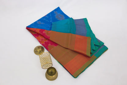 Venkatagiri Saree - Full Ikat Semi Silk – 50% Silk, 50% Cotton – Fun Blue Body – Dusty Red Pallu - Silk cone sarees – P000240
