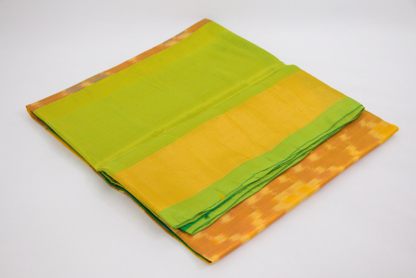 Venkatagiri Saree - Full Ikat Semi Silk – 50% Silk, 50% Cotton – Orange gold Body – La Salle Green Pallu - Silk cone sarees – P000241