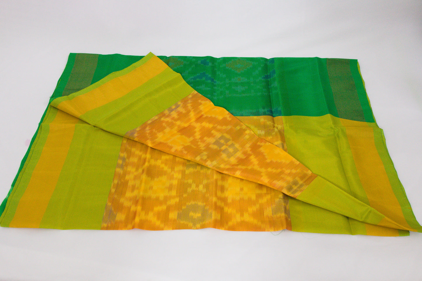 Venkatagiri Saree - Full Ikat Semi Silk – 50% Silk, 50% Cotton – Orange gold Body – La Salle Green Pallu - Silk cone sarees – P000241