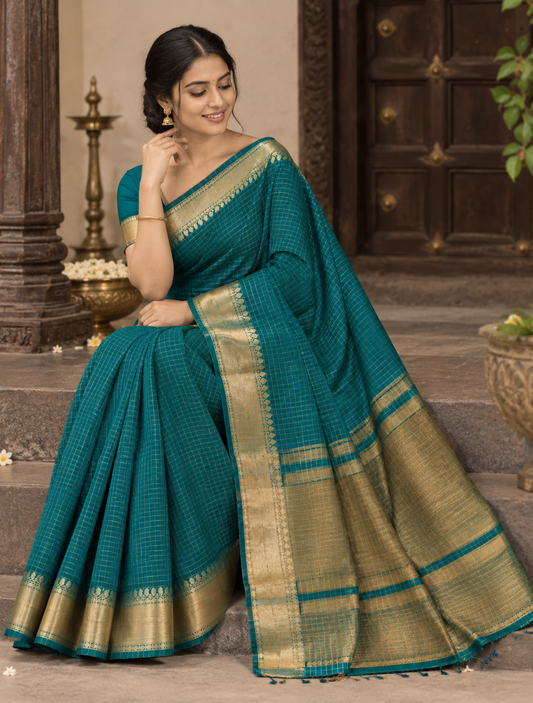 Banarasi Semi Katan Soft Sarees – Dark Aqua – Katan Silk Sarees – Gold zari weaving all over New Check pettern designs - P000411